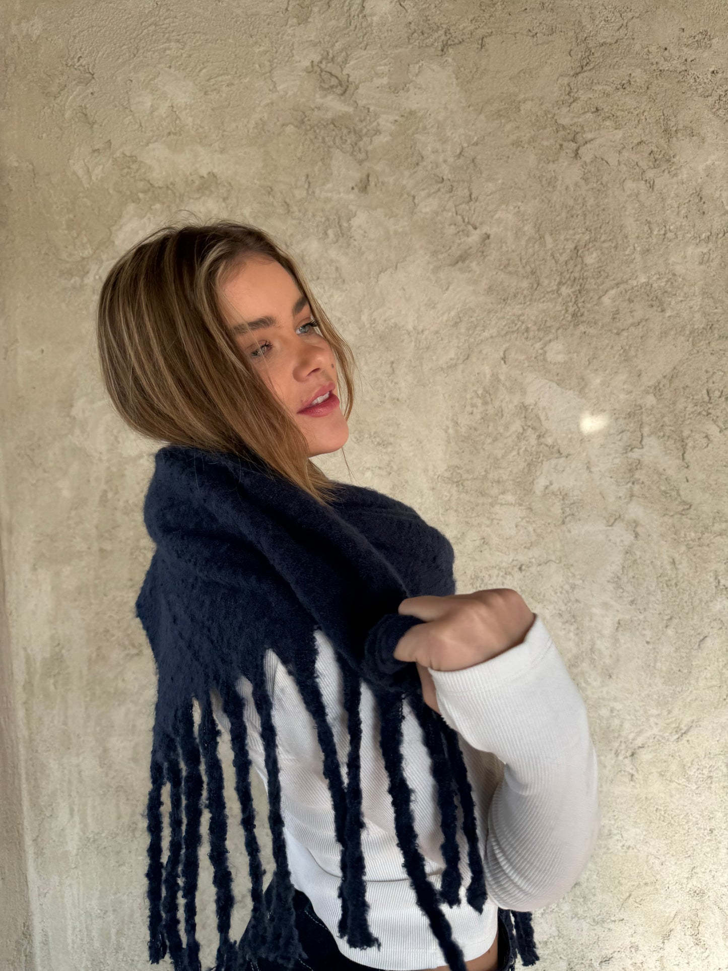 Navy Scarf With Fringes